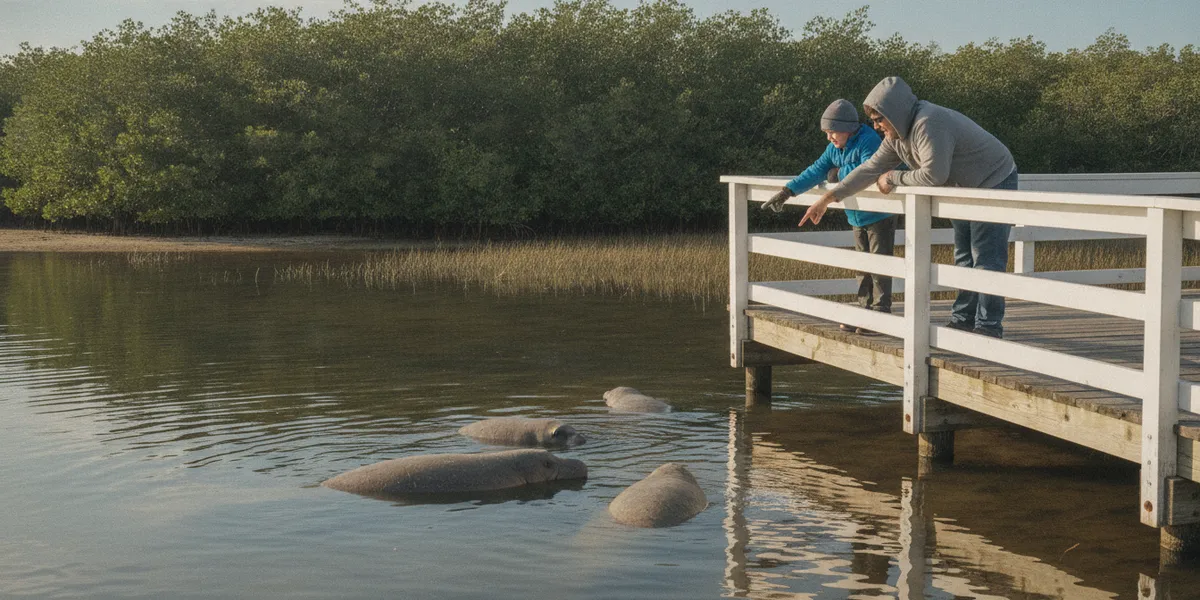 Parent and child on a boardwalk pointing at manatees surfacing in calm water near mangroves