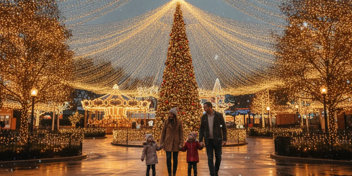 Family with two young children walking hand in hand under strands of Christmas lights and a lit tree at a theme park at night