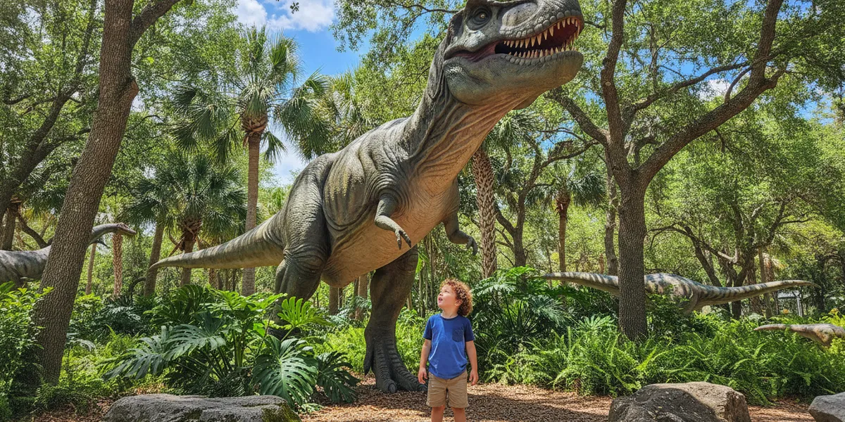 Young child looking up at a giant T. rex sculpture among palm trees at Dinosaur World in Plant City