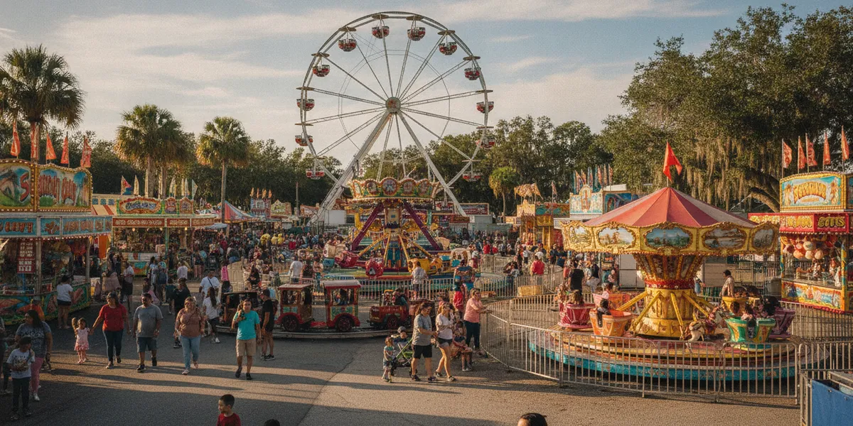 Families with young children walking past a carousel and kiddie rides on a sunny state fair midway with a Ferris wheel behind