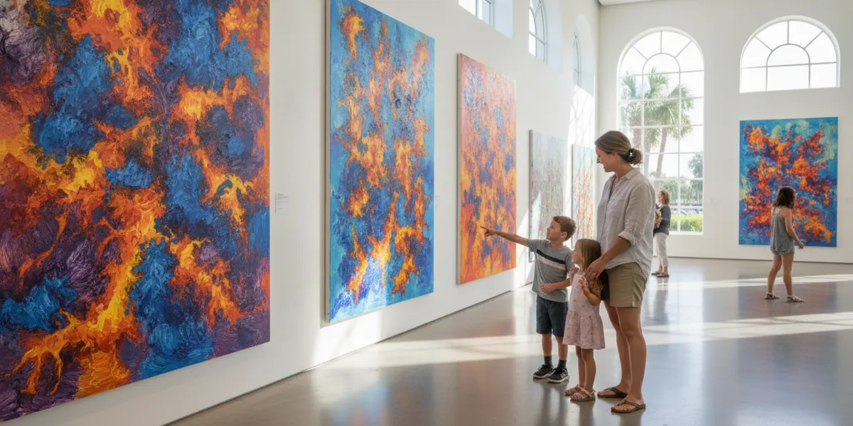 Parent and two young children looking at colorful paintings in a bright Tampa art museum gallery