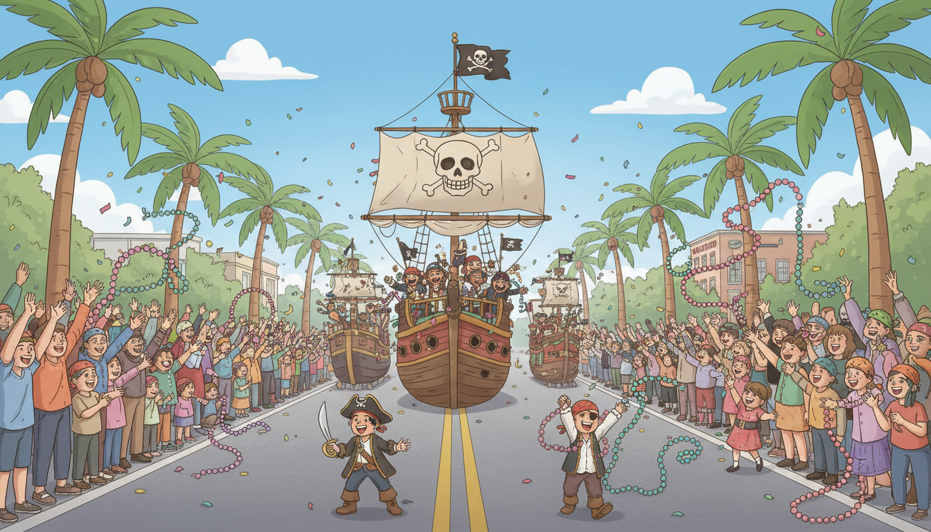 Colorful Gasparilla pirate parade in Tampa with families and kids dressed as pirates catching beads