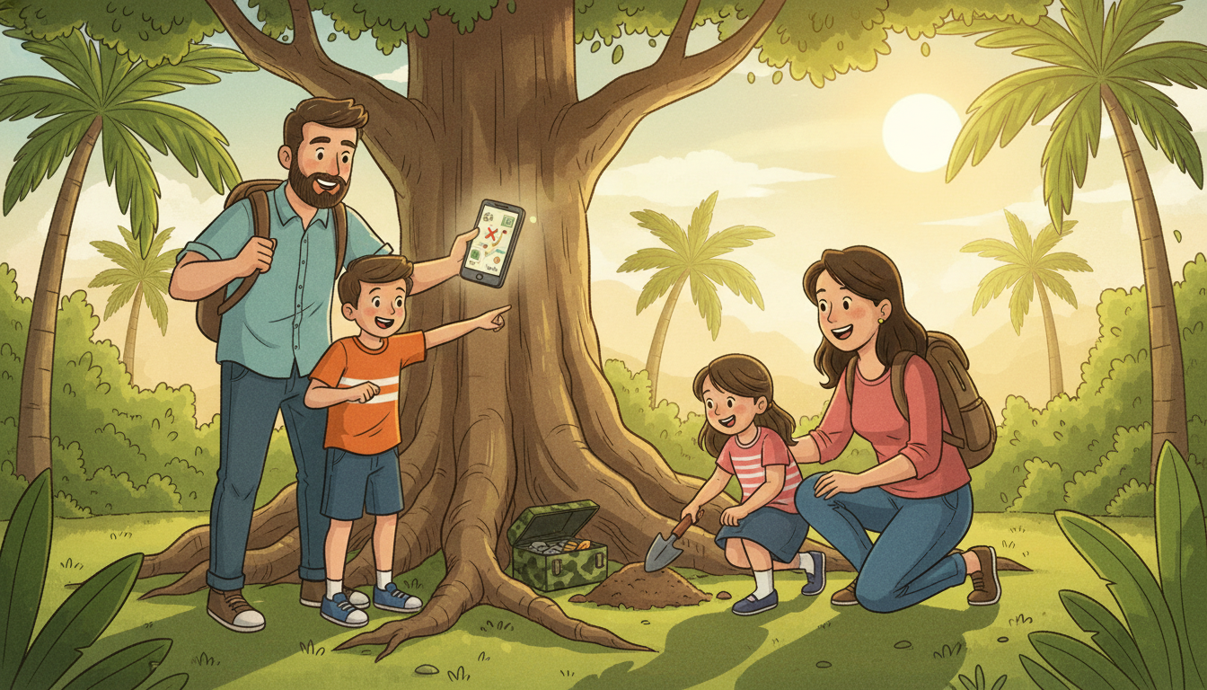 Family with kids using GPS phone to search for geocache treasure box in sunny Florida park with palm trees