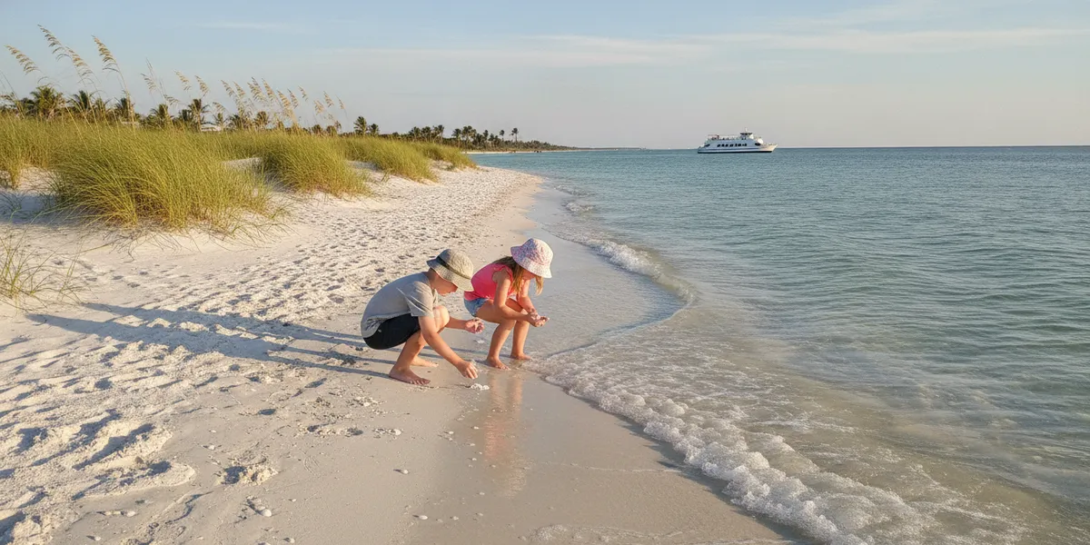 Two kids collecting seashells on a white sand barrier island beach with a small ferry offshore