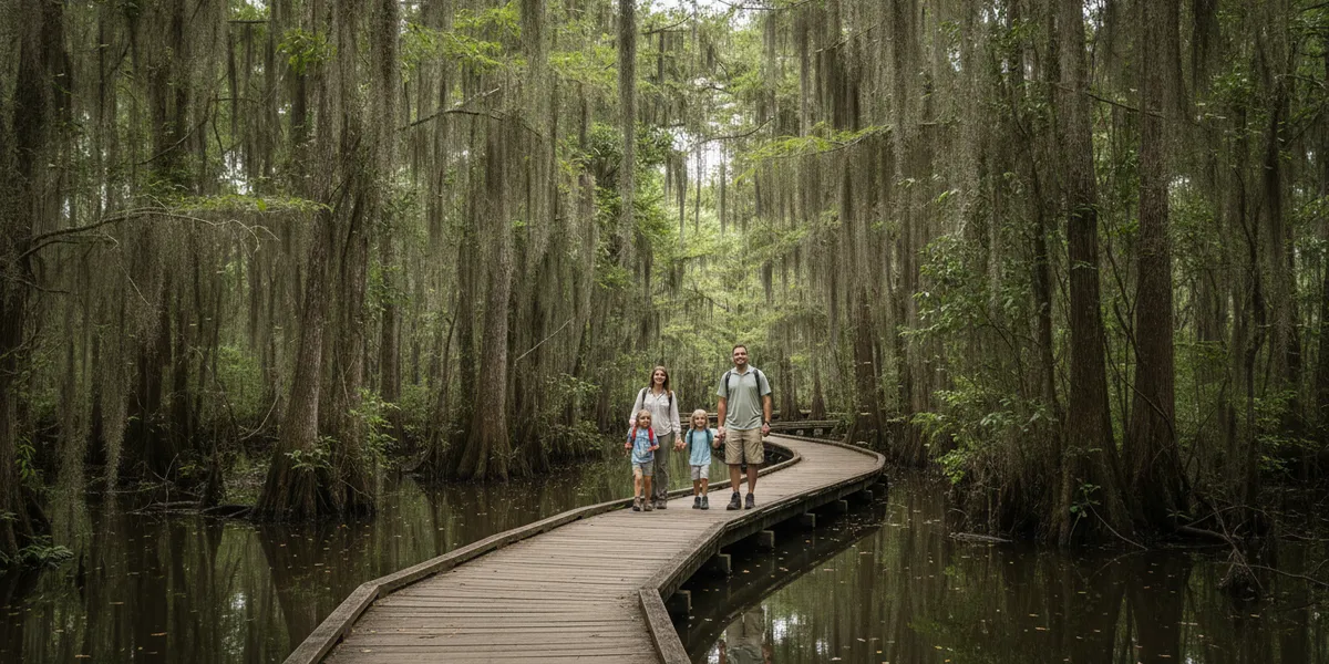 Family with two young kids walking a wooden boardwalk through a cypress swamp draped in Spanish moss