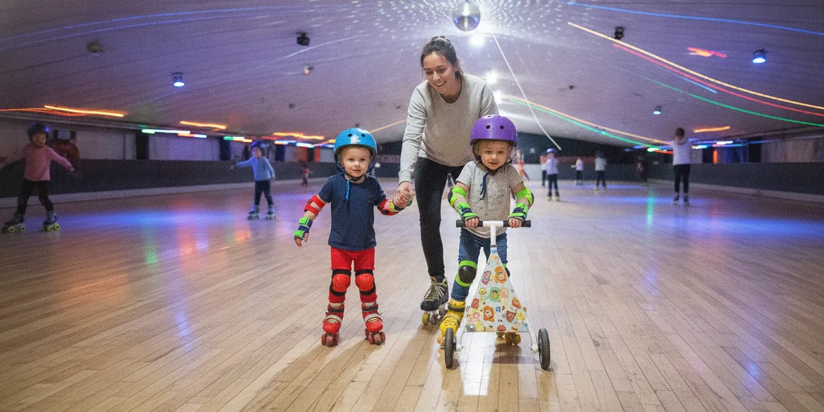 Two young kids learning to roller skate at an indoor rink with a skate walker and a parent nearby