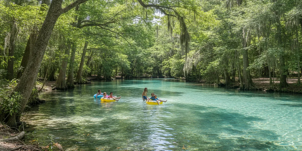 Kids floating in inner tubes on a clear turquoise Florida spring run under cypress trees and Spanish moss