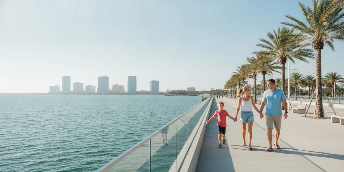 Family with two kids walking along the St. Pete Pier with Tampa Bay and palm trees behind them