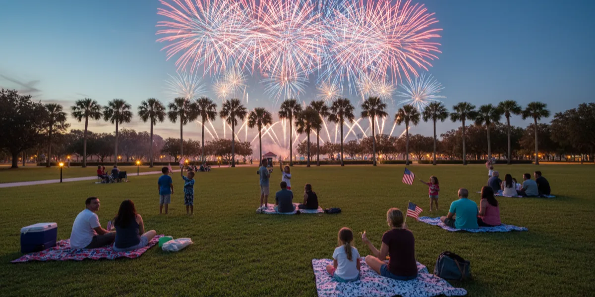 Fireworks bursting over a waterfront on the Fourth of July