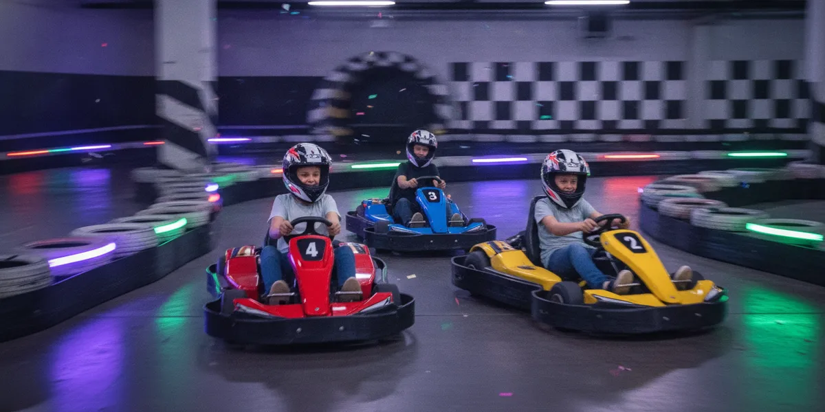 Tweens in helmets racing electric go-karts on an indoor track in Tampa