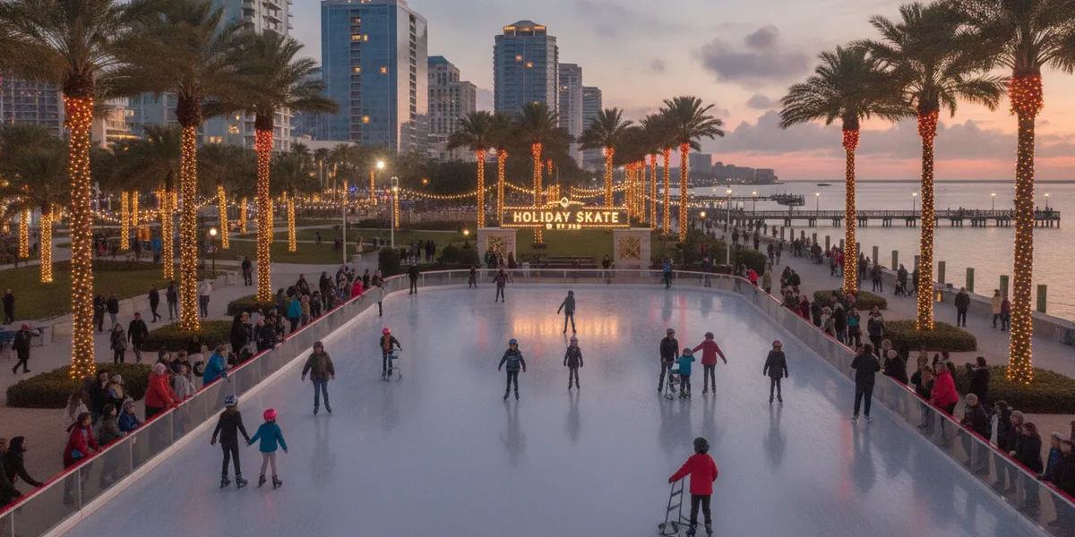 Kids ice skating on an outdoor rink lined with lit palm trees along a Florida waterfront at dusk