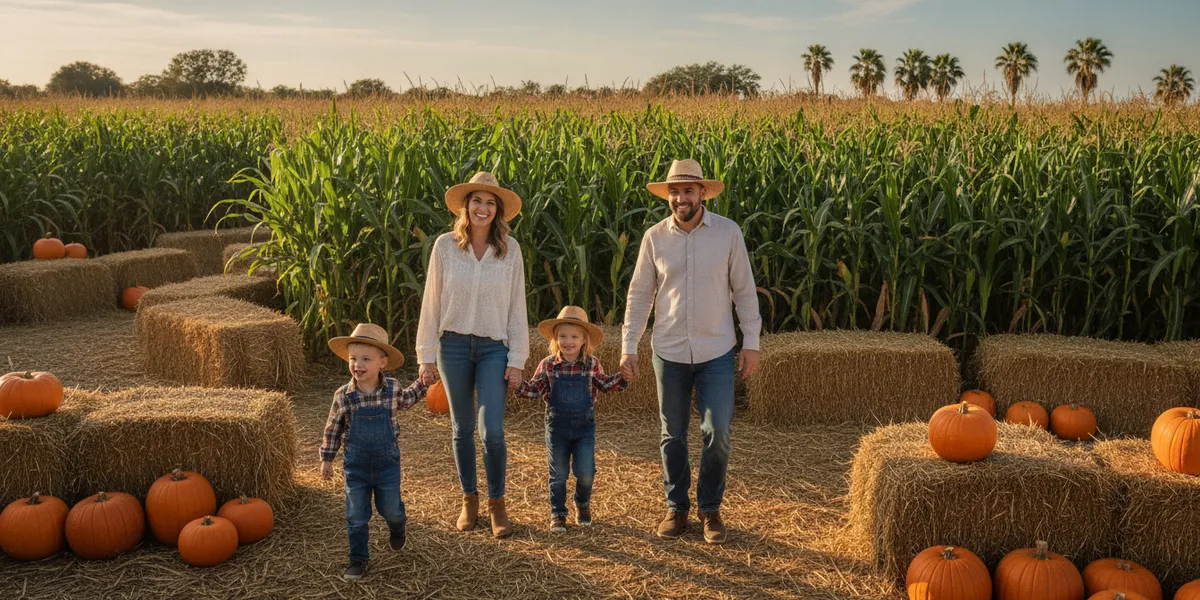 Family with two young kids walking past hay bales and pumpkins at a corn maze on a Florida farm