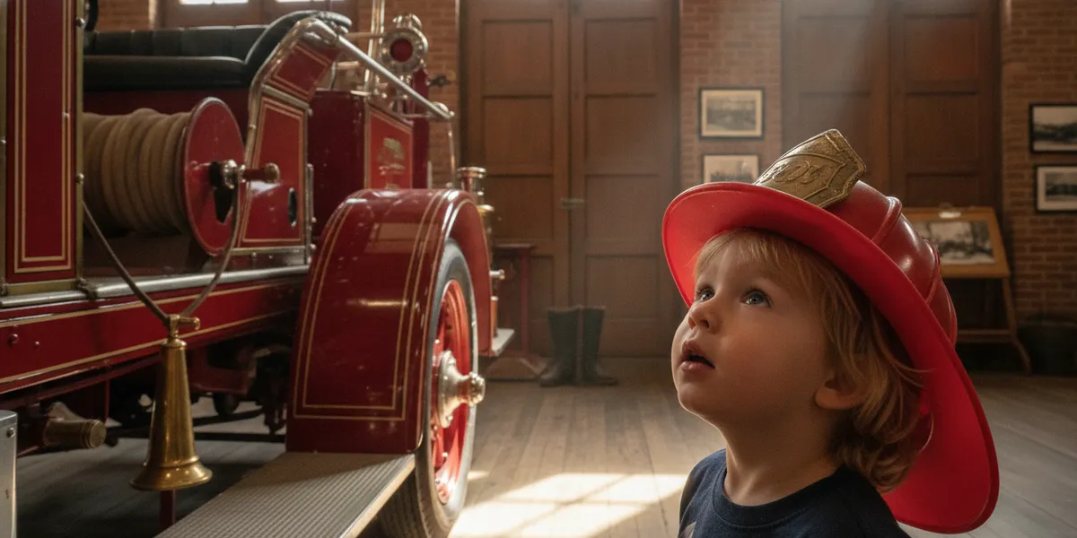 Preschooler in a toy firefighter helmet looking up at an antique red fire engine inside a brick firehouse museum