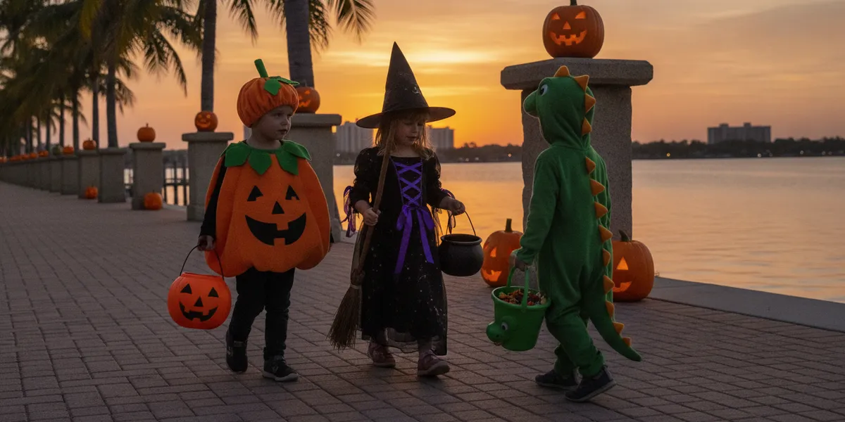 Kids dressed as a pumpkin, a witch and a dinosaur trick-or-treating on a Tampa Bay waterfront walk at sunset