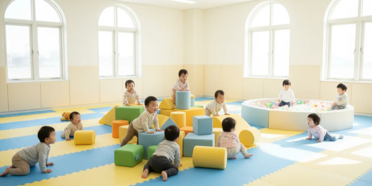 Toddler playing in a soft indoor play area