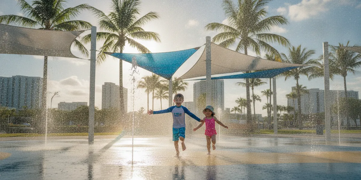 Two young kids running through a splash pad fountain in a sunny Tampa park