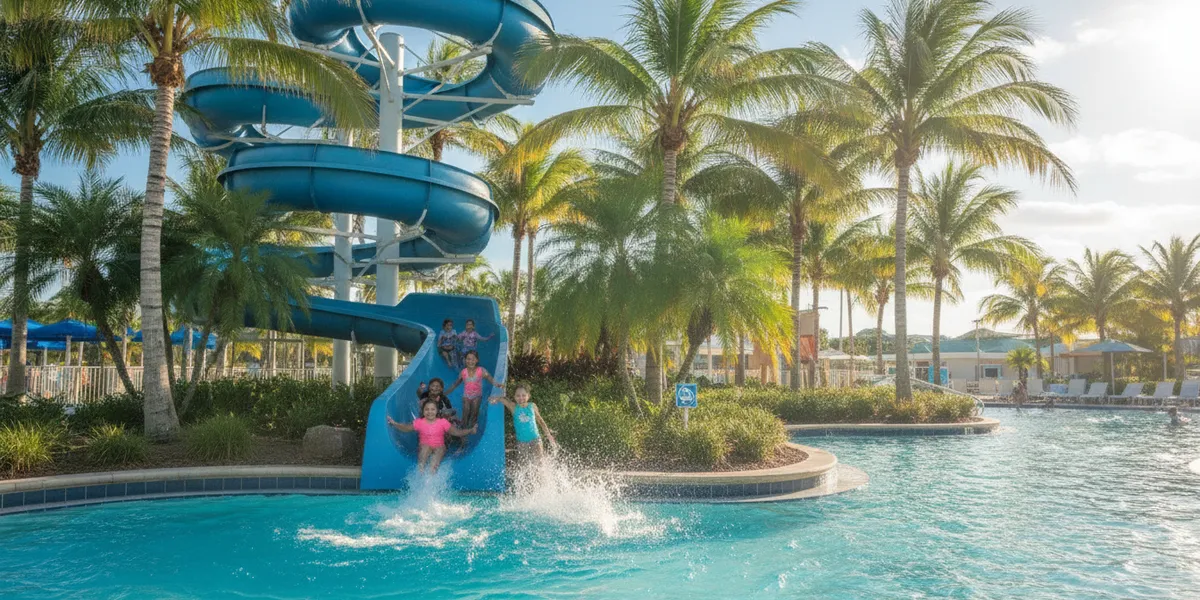 Kids splashing down a blue water slide into a pool at a Tampa water park surrounded by palm trees