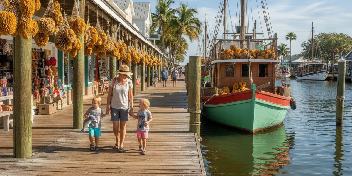 Parent and two young kids walking the Tarpon Springs sponge docks past hanging sea sponges and a sponge boat